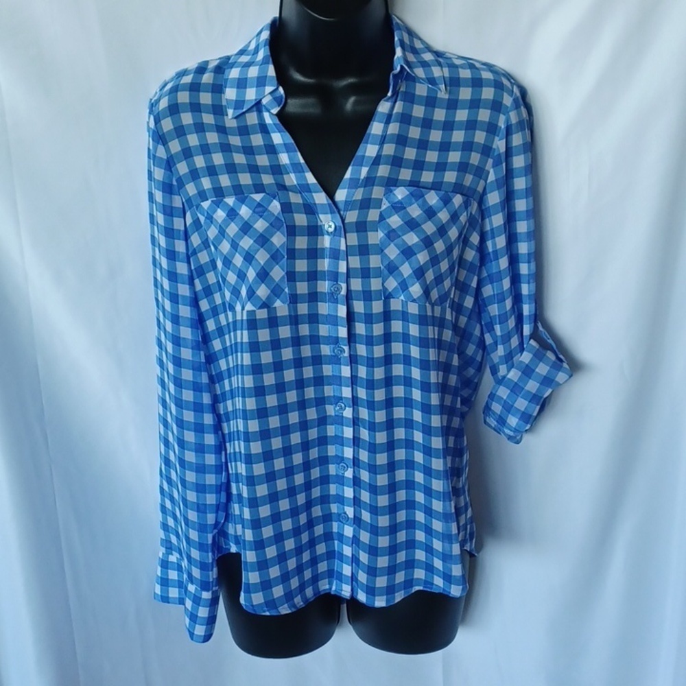 Express The Portofino Shirt size XS blue & white semi-sheer blouse
